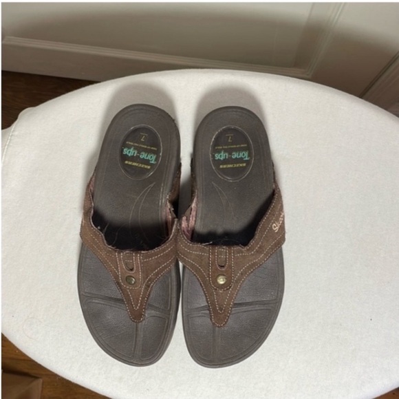 Skechers Tone-Up Sandals Suede Leather Wedge Chocolate Brown Walk Shoes 7 Comfy - Picture 4 of 17